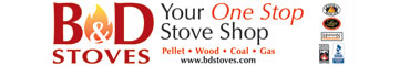 B&D Stoves in red lettering on white background with & in white over a red, yellow and orange flame